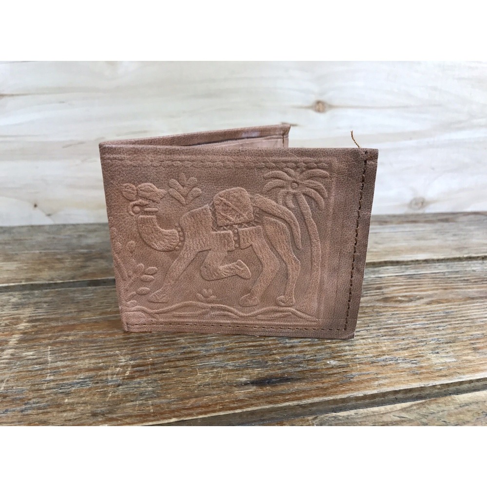 Vintage Handmade Hand Tooled Embossed Brown Leather Wallet Camel